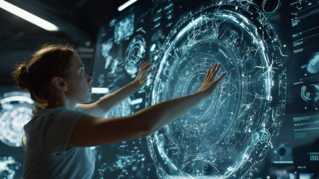 A woman engages with an advanced holographic interface filled with data visualizations, showcasing the integration of technology and human interaction in a modern workspace.の素材