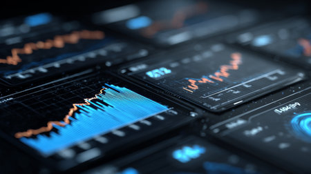 A close view of advanced digital screens showcases stock market data with vibrant charts and informative graphics for financial analysis.の素材