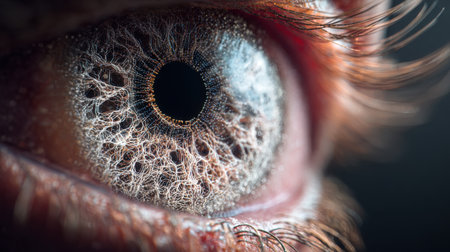 This striking image captures the intricate details of a human eye, highlighting stunning textures, colors, and patterns in a dramatic close-up shot.の素材