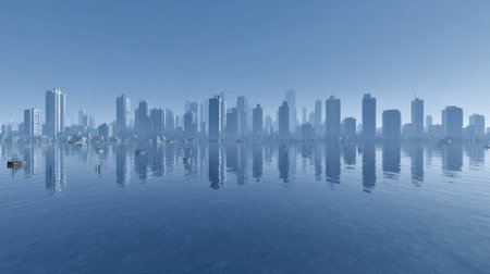 A breathtaking view of a modern city skyline reflecting on calm water, showcasing the beauty of architecture under a clear blue sky.の素材