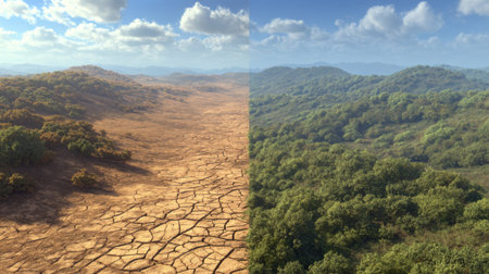 Stunning side-by-side depiction of a drought affected area alongside a lush green hill, showcasing the stark contrasts in ecosystem vitality and climate effects.の素材