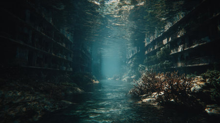 This captivating underwater scene captures sunlight filtering through the water's surface, highlighting an abandoned city with vibrant coral and serene beauty.の素材