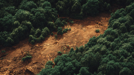 Stunning aerial capture of a forested area highlighting the contrast between the vibrant tree canopy and exposed soil due to erosion, showcasing nature's raw beauty.の素材