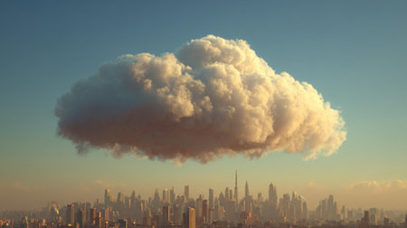 A stunning single cloud hovers over a sprawling urban skyline at dusk, bathed in warm light under a clear blue sky, creating a serene landscape.の素材