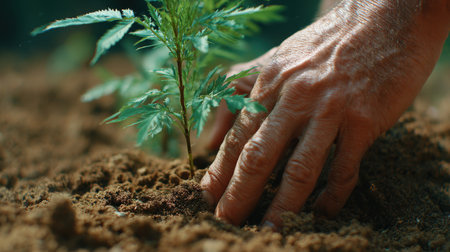 A close-up image showing a person's hand gently planting a young seedling into the rich brown soil, symbolizing growth and care in a natural setting.の素材