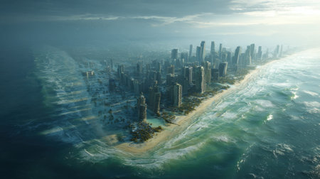 An aerial view showcasing an urban skyline partially submerged by ocean water, with dramatic clouds and vibrant sunset colors over the beach.の素材