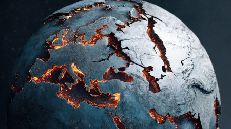 This captivating image illustrates a globe with cracks and molten lava, symbolizing environmental crises and planetary transformation. Perfect for nature-themed projects.の素材