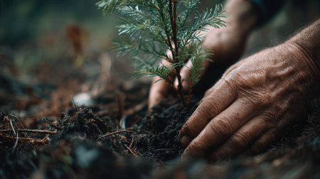 A close-up image of hands carefully planting a young sapling into rich soil, symbolizing dedication towards environmental care and sustainability.の素材