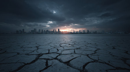 A stunning view of a city skyline at dusk, showcasing cracked earth in the foreground. The scene captures the contrast between urban life and environmental change.の素材