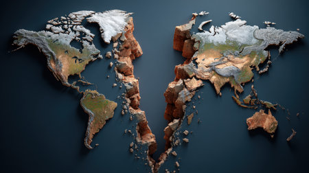 This captivating artwork depicts a split world map, highlighting the effects of geographical change and environmental issues on landscapes.の素材