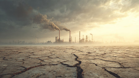 A striking industrial scene showcases a factory with smoke stacks against a dry, cracked landscape, highlighting environmental concerns.の素材