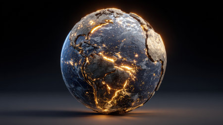 A captivating 3D rendering of a globe showcasing illuminated lines that symbolize global connectivity and digital networks against a dark backdrop.の素材