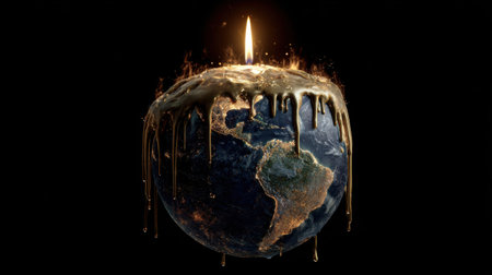 A striking visual representation of the Earth as a candle, symbolizing the urgent issues of climate change and human interference with nature.の素材