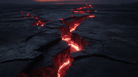 Witness the intense beauty of fiery lava flowing through deep cracks in the dark landscape, illuminated by a mysterious dusky light, creating a striking scene.の素材