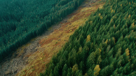 This striking aerial view showcases a dense green forest juxtaposed with a clearcut area, highlighting the contrast of nature and human impact.の素材
