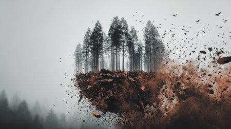 This striking image portrays a surreal landscape where trees dramatically rise from the ground, surrounded by dust and mist, creating an atmospheric scene.の素材