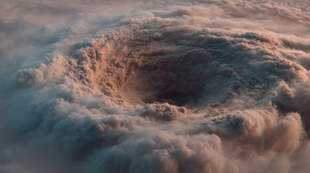This captivating aerial image showcases a stunning swirling cloud formation with a central void, embodying the beauty and mystery of nature's designs.の素材