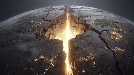 A captivating view captures the dramatic split in the Earth, revealing a glowing lava flow amidst a cracked surface under a dark atmosphere.の素材