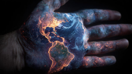 A captivating image of a hand holding a glowing Earth, with illuminated continents set against a dark cosmic background, representing global awareness.の素材