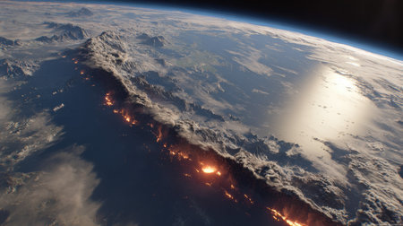 This breathtaking space view captures the dynamic beauty of Earth, showcasing active volcanoes, dramatic mountain ranges, and swirling clouds.の素材