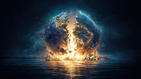 This striking image showcases a globe dramatically shattering amidst a fiery explosion over serene water, symbolizing cataclysm and chaos.の素材
