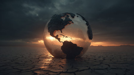 This captivating image depicts a glass globe of Earth illuminated by a vivid sunset, set against cracked dry terrain, evoking themes of beauty and environmental awareness.の素材