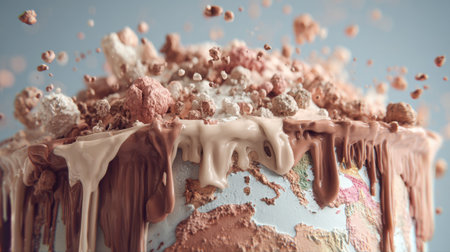 Enjoy a vibrant display of melted chocolate cake adorned with colorful frosting, capturing the essence of indulgent desserts for any occasion.の素材
