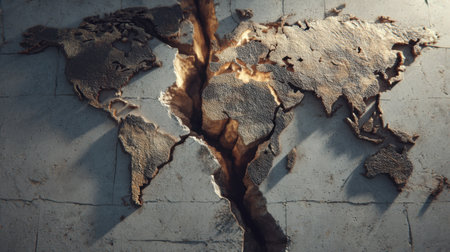 A visually striking cracked world map artwork symbolizes global distress and disconnection, featuring earthy textures and dramatic shadows.の素材