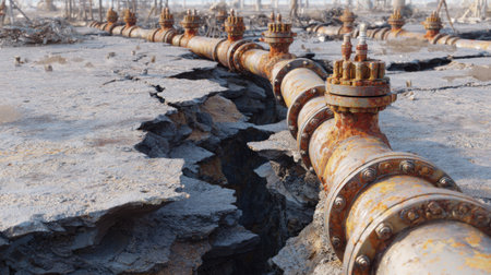 A weathered industrial pipeline stretches across a cracked and barren landscape, showcasing rusted valves and signs of environmental wear and tear.の素材