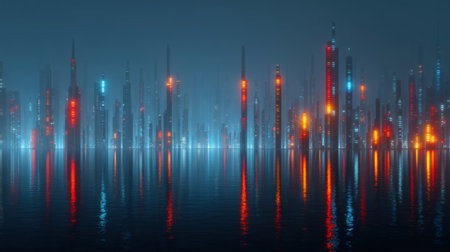 A captivating vision of a futuristic city bathed in vibrant lights and colored reflections, creating a serene and otherworldly atmosphere.の素材