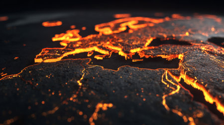 This striking image showcases a topographic map of Europe, illuminated with dynamic glowing effects that create a captivating visual experience.の素材
