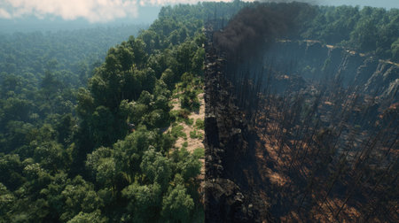 A striking visual comparison of a vibrant forest next to a charred landscape, highlighting the contrast between nature's beauty and the devastation caused by fire.の素材