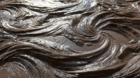 A captivating close-up view of a swirling brown abstract texture showcasing glossy finishes and intricate patterns under natural light.の素材