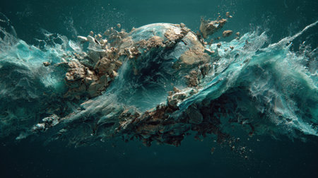 This stunning abstract image showcases a dramatic ocean wave crashing against rocks, highlighting the power and beauty of nature in vivid colors.の素材