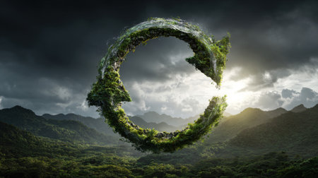 This captivating image features a circular nature symbol with vibrant greenery set against a dramatic landscape, embodying eco-friendly ideals.の素材