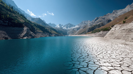 This breathtaking landscape features a dry lake bed with cracked earth contrasting against serene blue water and majestic mountain peaks.の素材