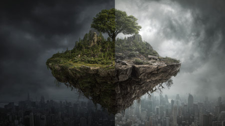 A captivating surreal landscape features a floating island with greenery and a single tree, contrasting an urban skyline under a moody sky.の素材