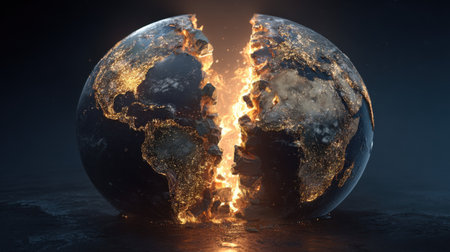 This compelling image captures the dramatic split of the Earth, illuminated by fiery cracks that signify environmental crises and the urgent need for awareness.の素材