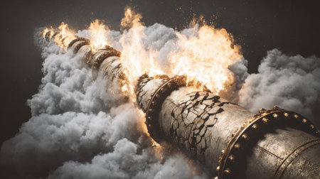 A dramatic scene depicting a broken metal pipe erupting in flames amidst thick clouds of smoke, evoking intense energy and chaos.の素材