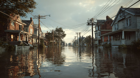 A hauntingly beautiful view of a flooded street lined with houses and power lines, showcasing the tranquil yet destructive aftermath of a storm.の素材