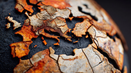 Close-up view of a weathered globe highlighting Europe with intricate textures and earthy colors. Perfect for artistic projects and global themes.の素材