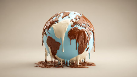 This striking image presents a globe melting in a mix of chocolate and cream, symbolizing the urgent message of climate change and its effects.の素材