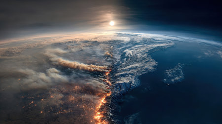 Experience a breathtaking aerial perspective of Earth at dusk, showcasing vibrant natural phenomena, coastlines, smoke from fires, and serene clouds.の素材