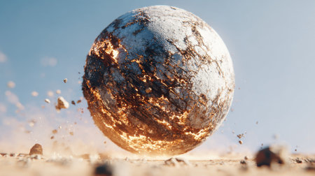 A stunning representation of a planet in eruption, showcasing fiery elements and rocky debris, set against a clear blue sky, ideal for creative projects.の素材