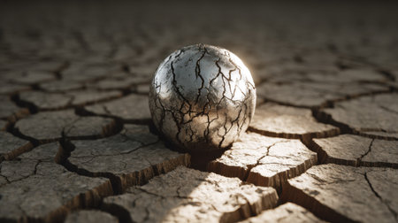 A striking visual of a reflective sphere resting on cracked earth, showcasing stunning textures and a play of light and shadow in a desert landscape.の素材