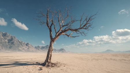 A striking view of a solitary tree in a vast desert landscape, showcasing the beauty of nature's resilience against a backdrop of distant mountains.の素材