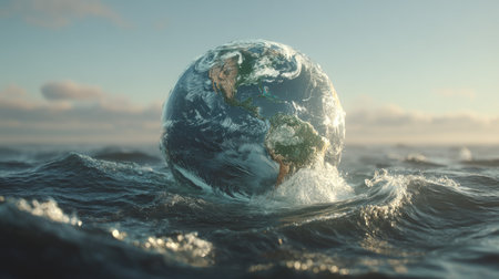 A captivating 3D visualization showcasing Earth above ocean waves, highlighted by a serene sunset. The mesmerizing scene illustrates the beauty of our planet.の素材