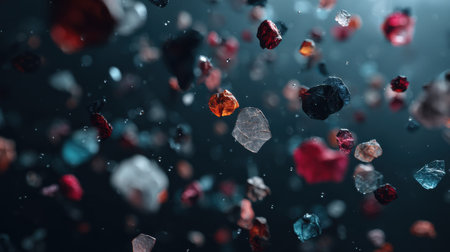 A mesmerizing display of colorful crystals floating in dark space, creating a captivating abstract background full of depth and elegance. Perfect for design elements.の素材