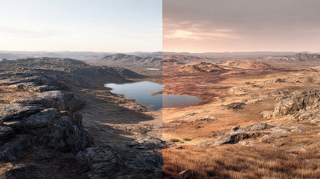 Experience a breathtaking view that juxtaposes a tranquil water body against a vast arid landscape, highlighting the diverse beauty of nature.の素材