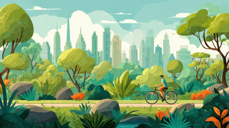 A vibrant illustration of a cyclist enjoying a ride through a lush urban park, surrounded by green trees and a stunning city skyline, embodying outdoor vitality.の素材